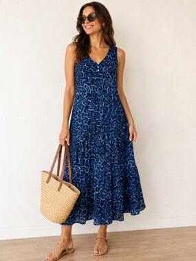 Susan Graver Women Animal Print Maxi Dress Sleeveless Blue S Boho Summer Chic
